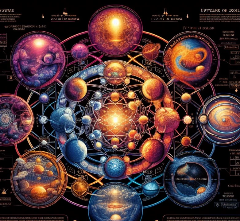 The Geometric Universe 幾何学的宇宙 宇宙空間の宇宙背景の前にあるメタトロンキューブとフラワー