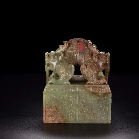 漢・古和田玉・高古玉彫・五層套印・詩文・獣印章』極細工・古